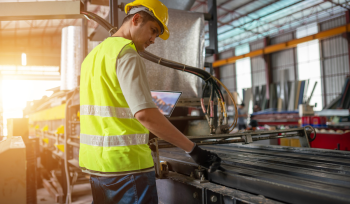 Factory worker in a safety vest and hard hat adjusts a metal conveyor on an assembly line in a factory.