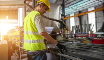 Factory worker in a safety vest and hard hat adjusts a metal conveyor on an assembly line in a factory.